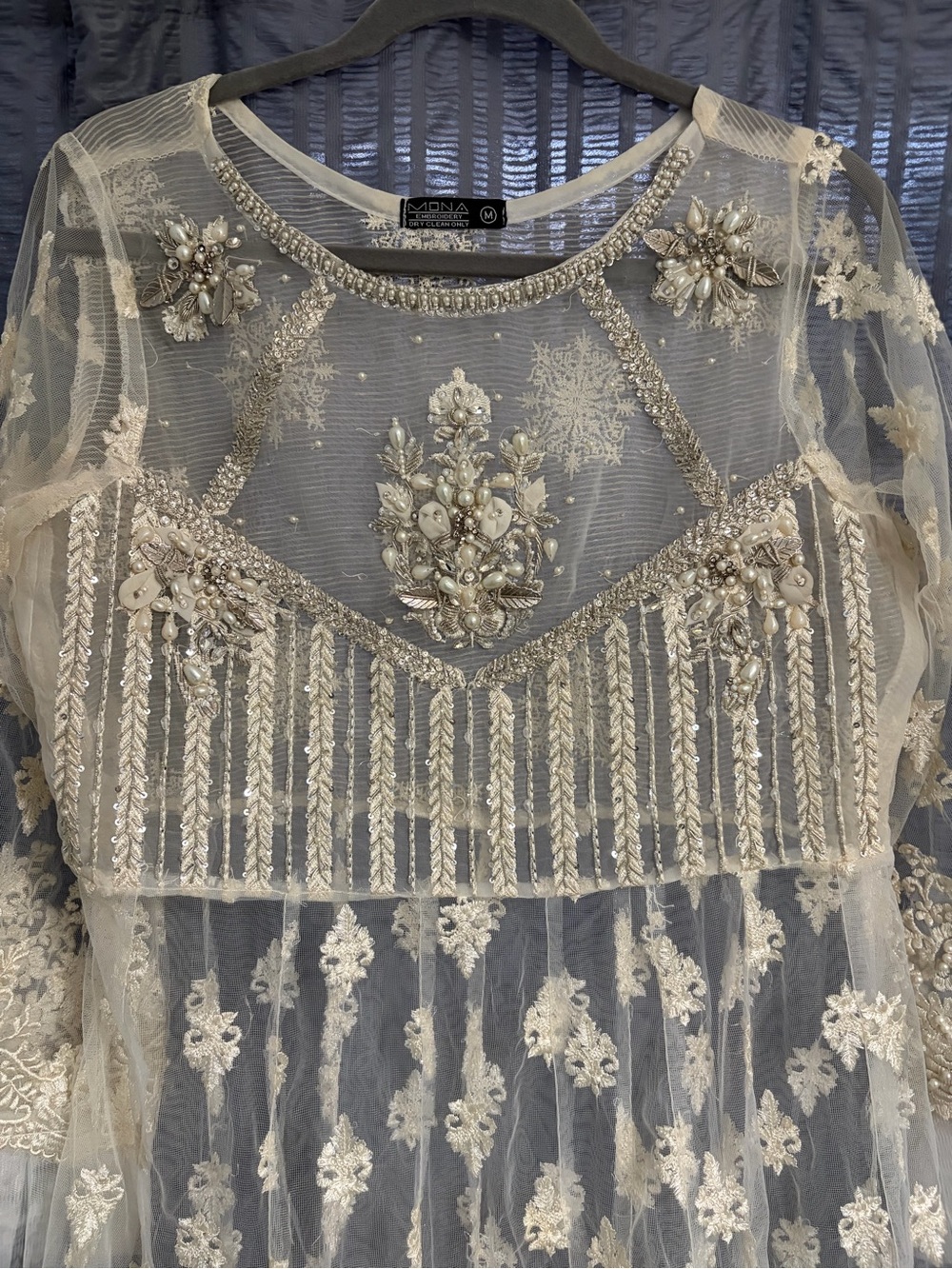 Mona Embroidery Pakistani Sheer Beaded Cream Dress Medium - Picture 2 of 9